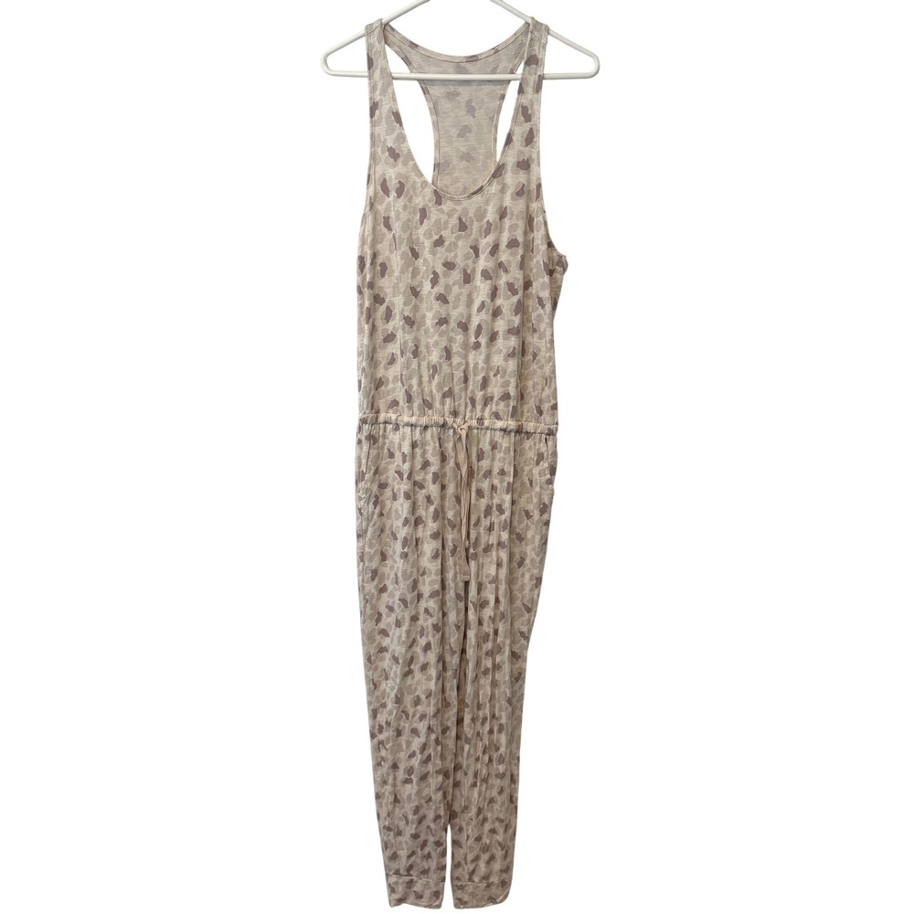 Aerie Leopard‎ Print Sleeveless Jumpsuit Mauve Cream Racerback Pockets M Cozy